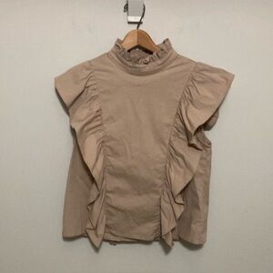 DELUC Ruffled Tan Women’s Top, size medium, sleeveless brown blouse high neck